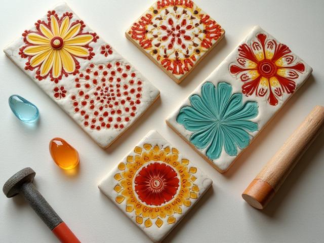 Nahaufnahme von handgefertigten Keramikfliesen und geschmolzenem Glas, das ein abstraktes Muster bildet