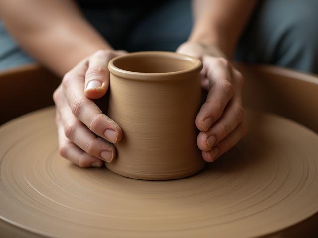 Anfänger-Töpferkurs: Hände auf der Töpferscheibe, lehmbedeckt