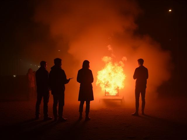 Gruppe von Menschen versammelt sich um einen Raku-Ofen während des Brennvorgangs